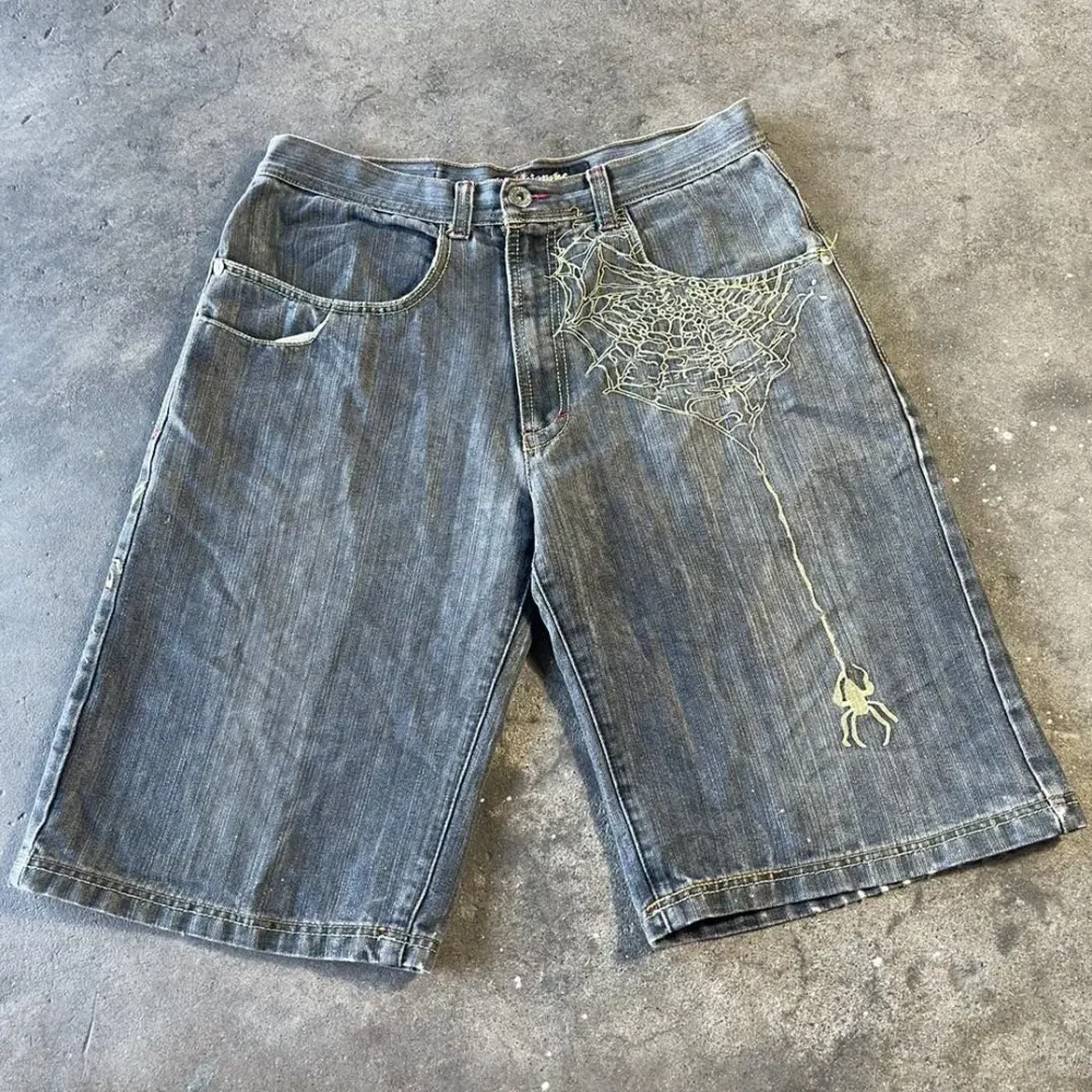 Men Summer Streetwear Y2K Embroidered Hiphop Punk Tendances Spray Acid Wash Denim Jean Essentials Shorts Streetwear - Image 2