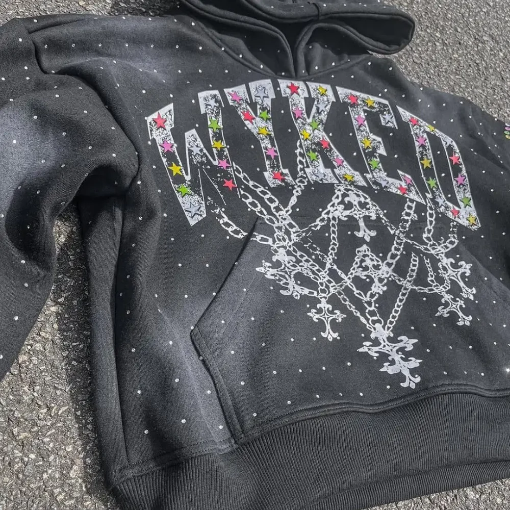 100% Cotton French Terry Dtg Rivet Studded Rhinestone Printing Stone Washed Distressed Pullover Hoodies for Men - Image 2