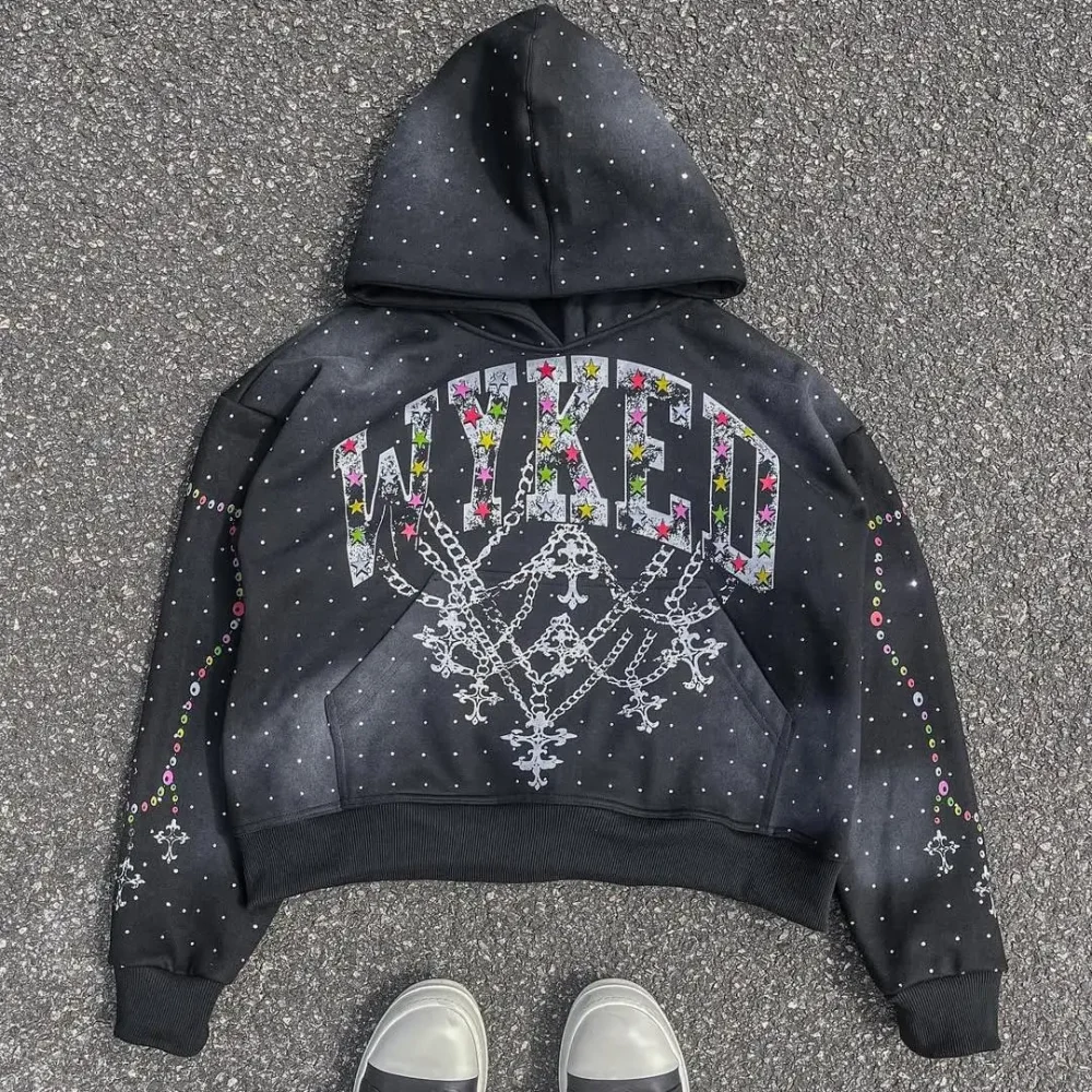 100% Cotton French Terry Dtg Rivet Studded Rhinestone Printing Stone Washed Distressed Pullover Hoodies for Men