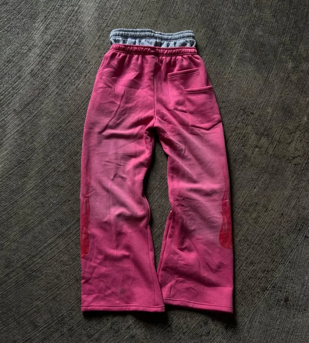 Double Waisted Sun Faded French Terry Embroidery Patch Heavyweight Acid Wash Drawstring Waist Track Pants Sweat Pants - Image 2