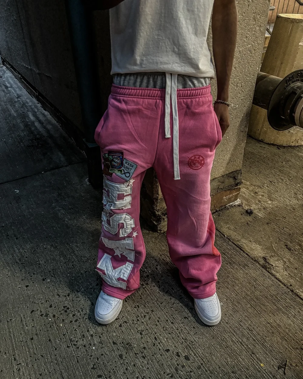Double Waisted Sun Faded French Terry Embroidery Patch Heavyweight Acid Wash Drawstring Waist Track Pants Sweat Pants - Image 3