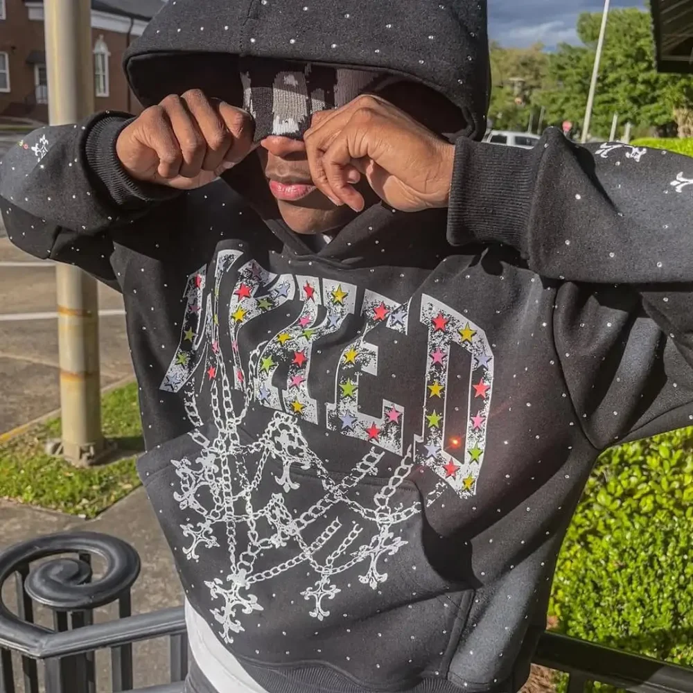 100% Cotton French Terry Dtg Rivet Studded Rhinestone Printing Stone Washed Distressed Pullover Hoodies for Men - Image 4